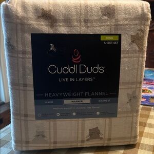 NWT Cuddl Duds Heavyweight Flannel King Sheet Set - Tan Plaid w cat motif